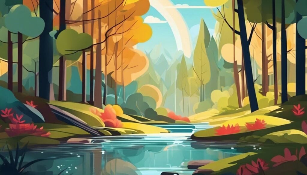 Een vredig bos met stromende beek en kleurrijke bladeren.