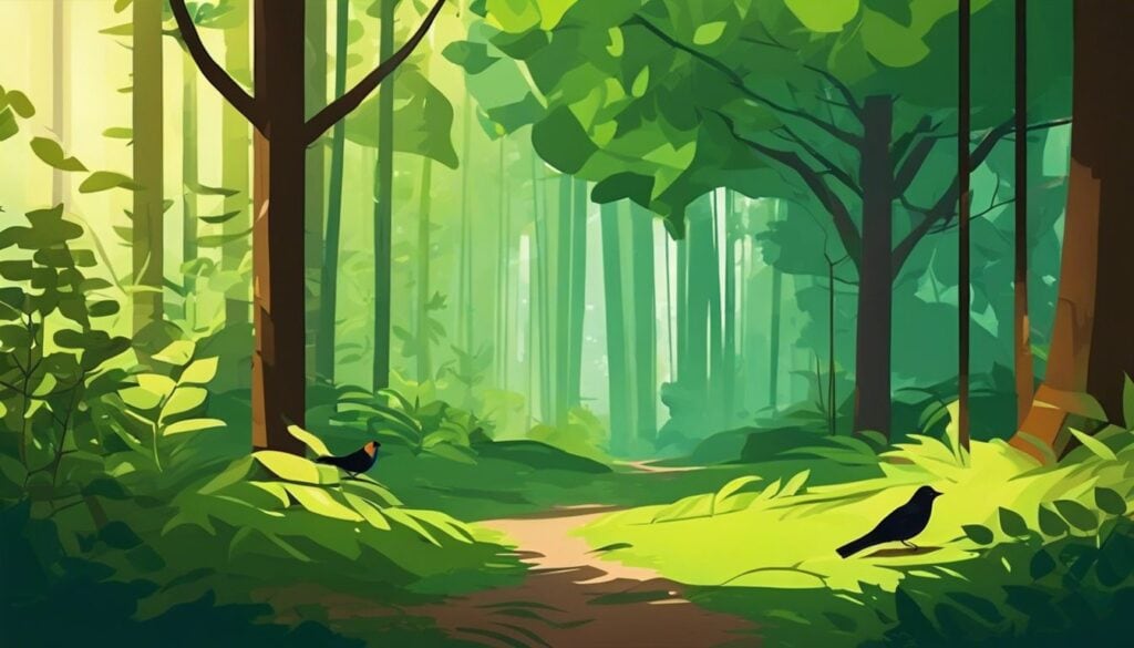 Een vredig bos met zonlicht en vogelgezang.