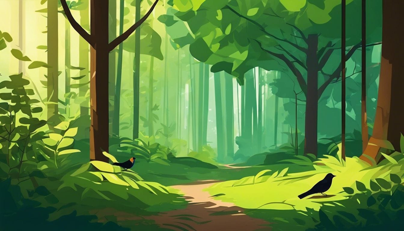 Een vredig bos met zonlicht en vogelgezang.