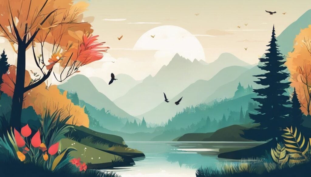 Een serene natuurlijke omgeving met 30 spirituele citaten in platte designstijl.