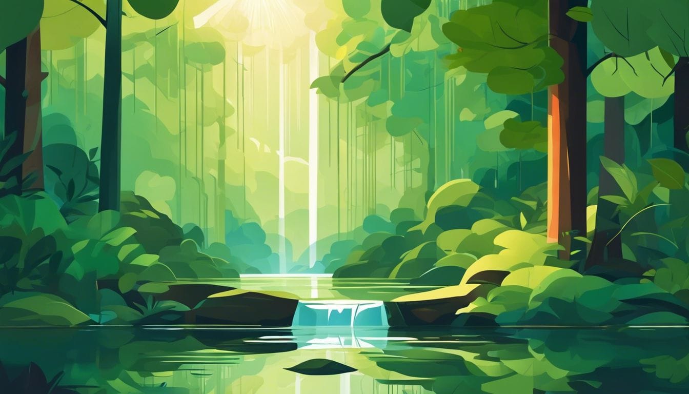 Een rustig bos met een zachte waterval en groen gebladerte.