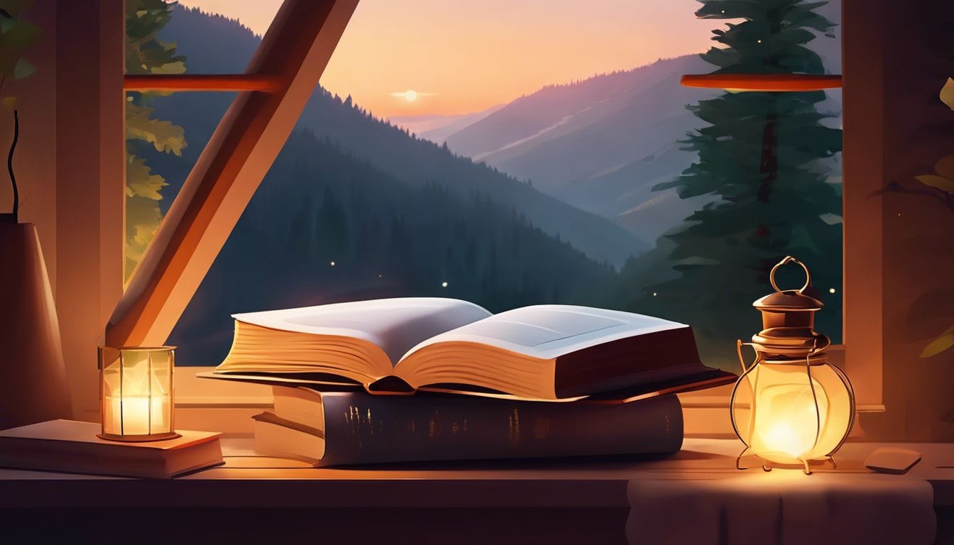 Een stapel zelfverbeteringsboeken in een knusse leeshoek, omringd door serene natuur.