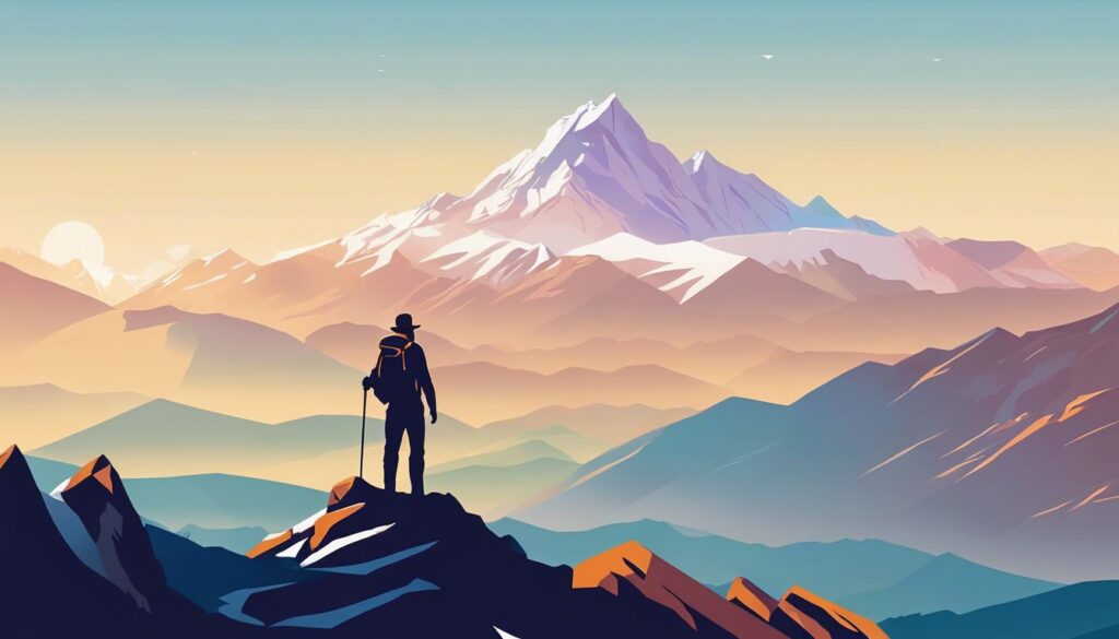 Eenzame wandelaar op bergtop, omgeven door natuurlijke grootsheid.