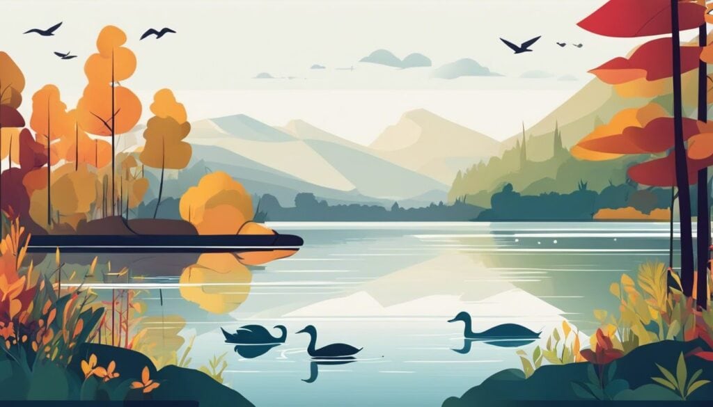 Een vredig meer omgeven door weelderig groen straalt rust uit.