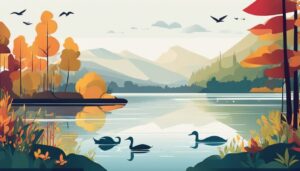 Een vredig meer omgeven door weelderig groen straalt rust uit.