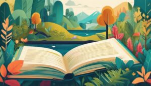 Een open boek omgeven door een rustige, natuurlijke omgeving met diverse flora en fauna.