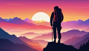 Eenzame wandelaar staat op bergtop bij zonsopgang, serene sfeer.