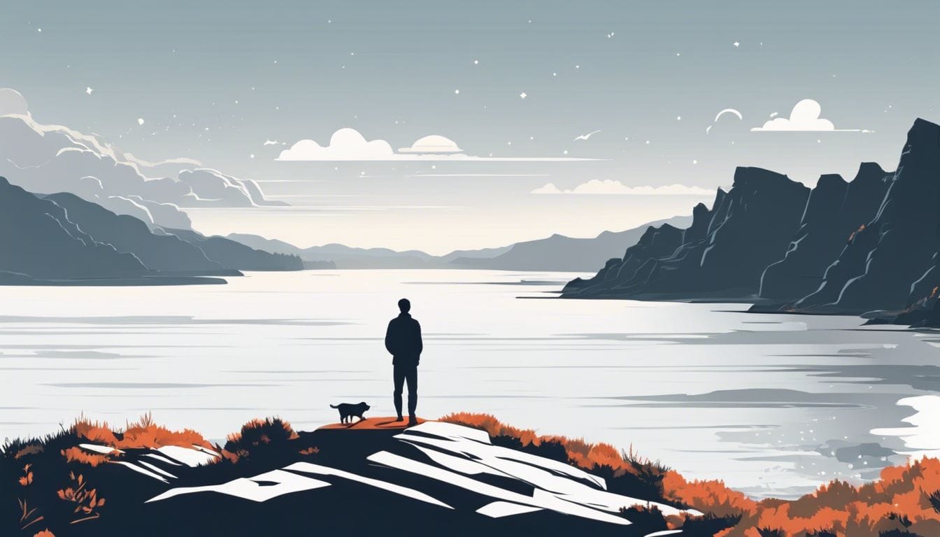 Een persoon staat aan de rand van een klif, kijkt uit over het landschap.