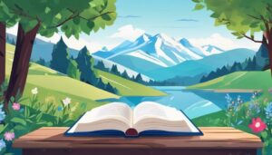 Een open boek op een serene berg met wilde bloemen.