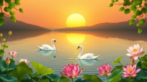 Een zwaan glijdt over een kalme meer bij zonsondergang.