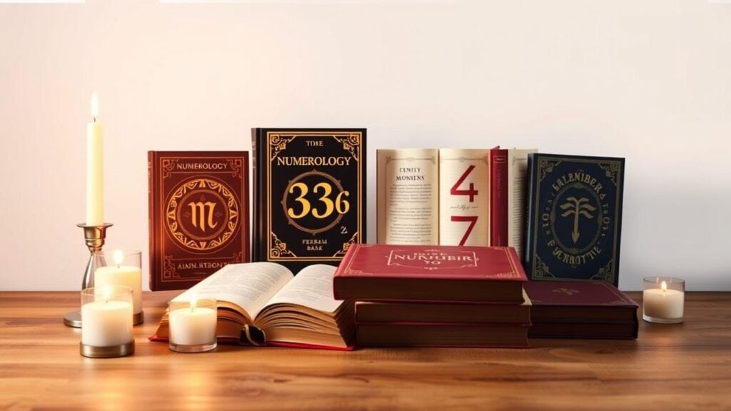 Een selectie van numerologie boeken op een houten tafel.