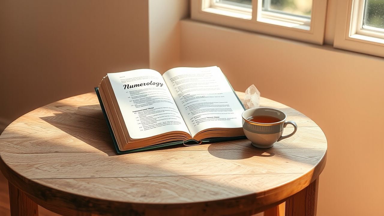 Een gezellige tafelscène met een boek over numerologie, een kristal en thee.
