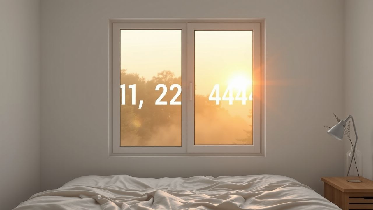 Een slaapkamerraam verlicht door de ochtendzon met lichtgevende cijfers op de muur.