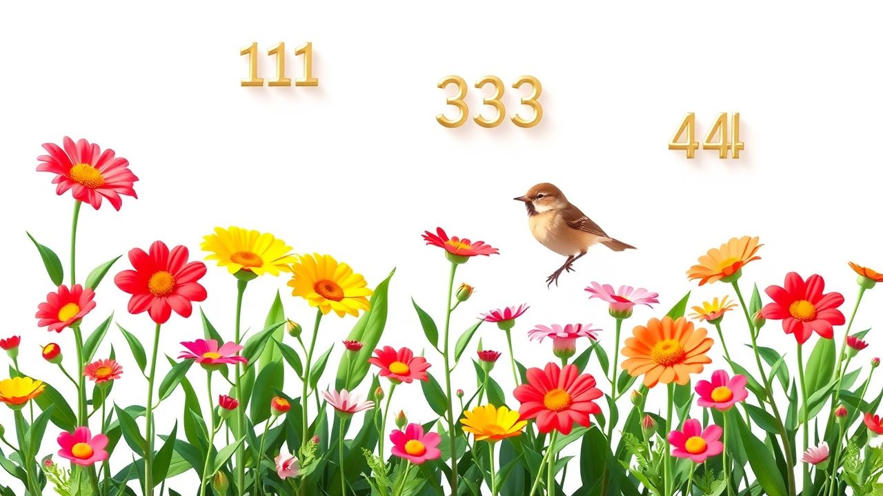 Een serene tuin met bloemen, vogel en zwevende getallen.