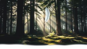 Een zonovergoten bos met bomen, mos, varens en een witte veer.