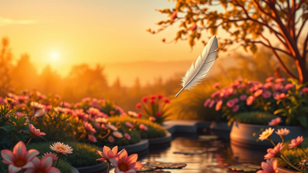 Een rustige tuin bij zonsondergang met zwevende veer.