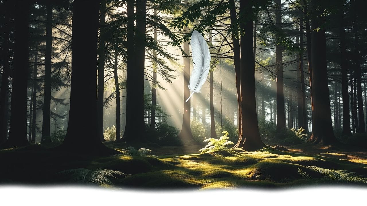 Een zonovergoten bos met bomen, mos, varens en een witte veer.