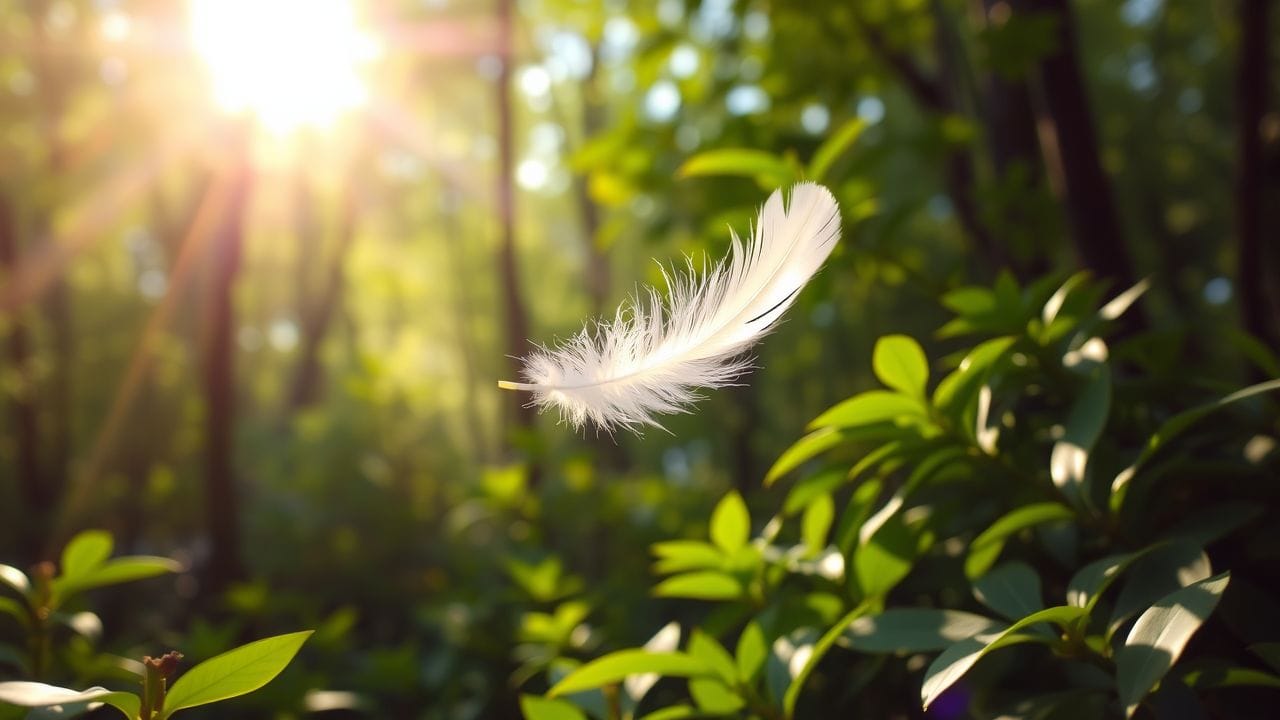 Een zachte veer zweeft in een zonovergoten bos. Een zachte veer zweeft in een zonovergoten bos.