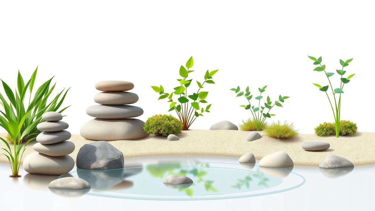 Een serene zen-tuin met geordende stenen, groene planten en een vredige vijver. Een serene zen-tuin met geordende stenen, groene planten en een vredige vijver.