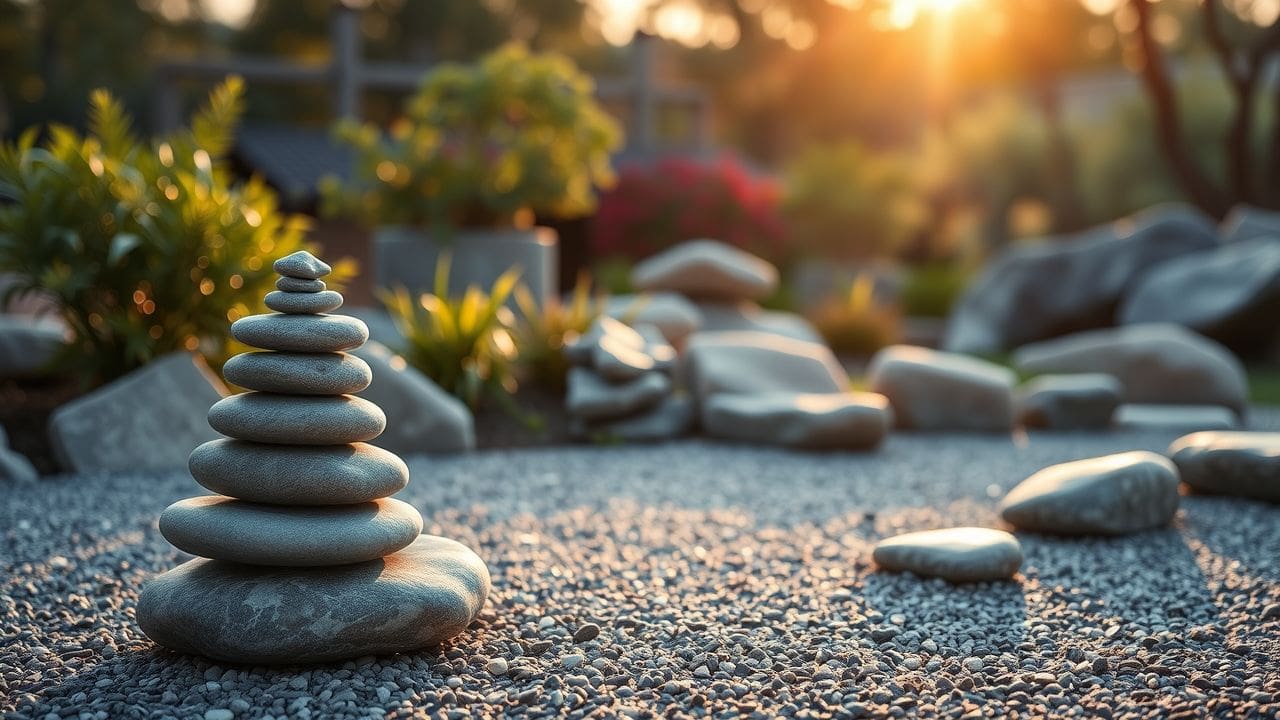 Een vredige Zen-tuin met zorgvuldig gerangschikte stenen straalt harmonie uit.