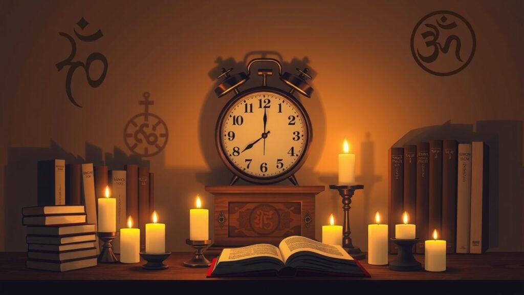 Een rustieke kamer ingericht voor persoonlijke ontwikkeling met een oude klok en kaarsen.