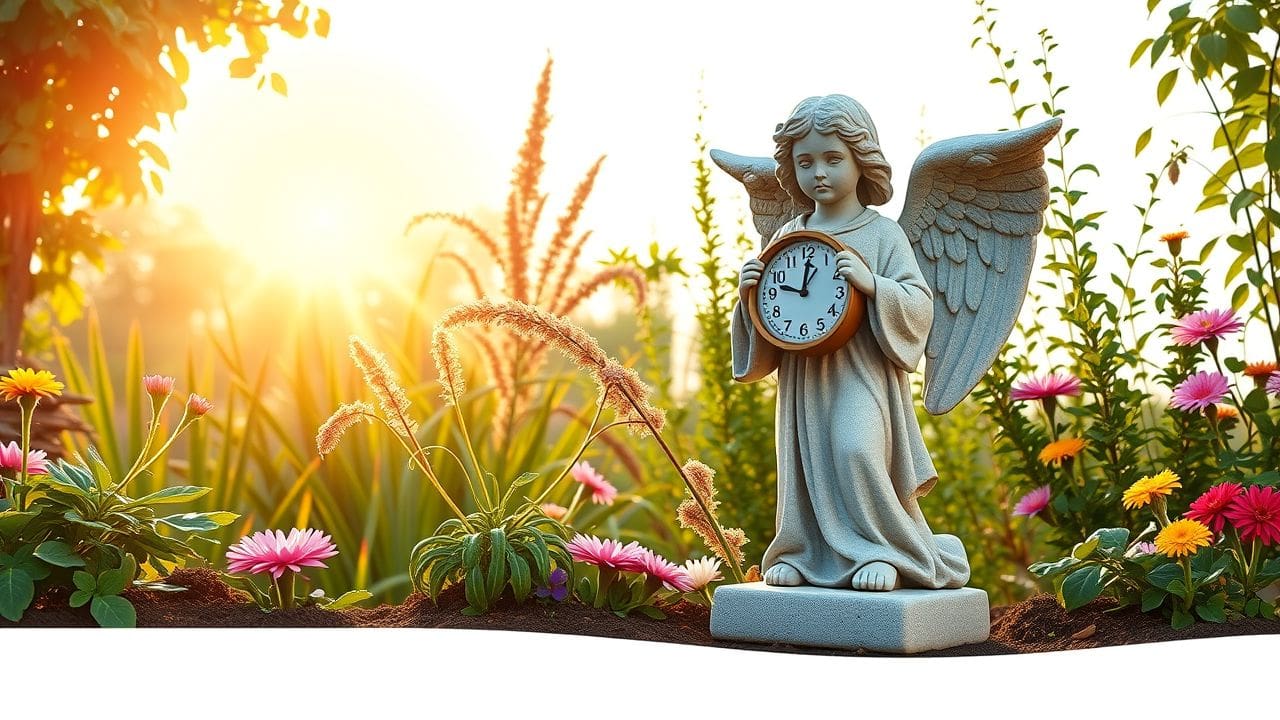 Een rustige tuin bij zonsopgang met een engelenstandbeeld en klok.