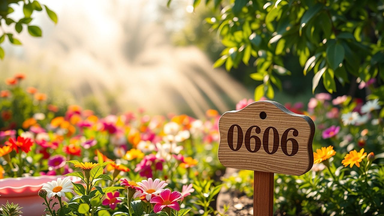 Een vredige tuin met kleurrijke bloemen en een houten bordje met het nummer '0606'.