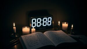 Een mysterieuze scène met digitale klok, kaarsen en notities over engelnummer 0808.