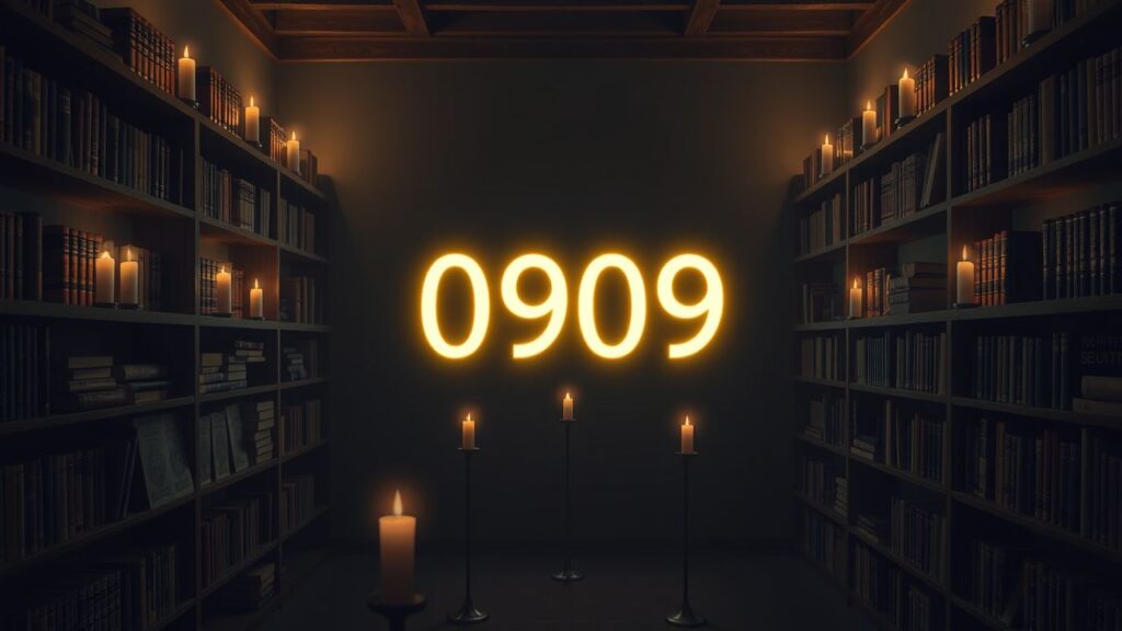 Een mysterieuze kamer gevuld met spirituele boeken en kaarsen, met het nummer '0909' oplichtend in het midden.