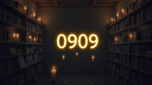 Een mysterieuze kamer gevuld met spirituele boeken en kaarsen, met het nummer '0909' oplichtend in het midden.