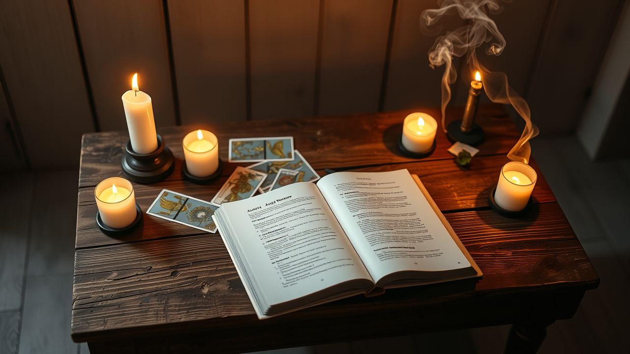 Een mystieke tafelsetting met tarotkaarten, een boek over engelengetallen en palo santo.