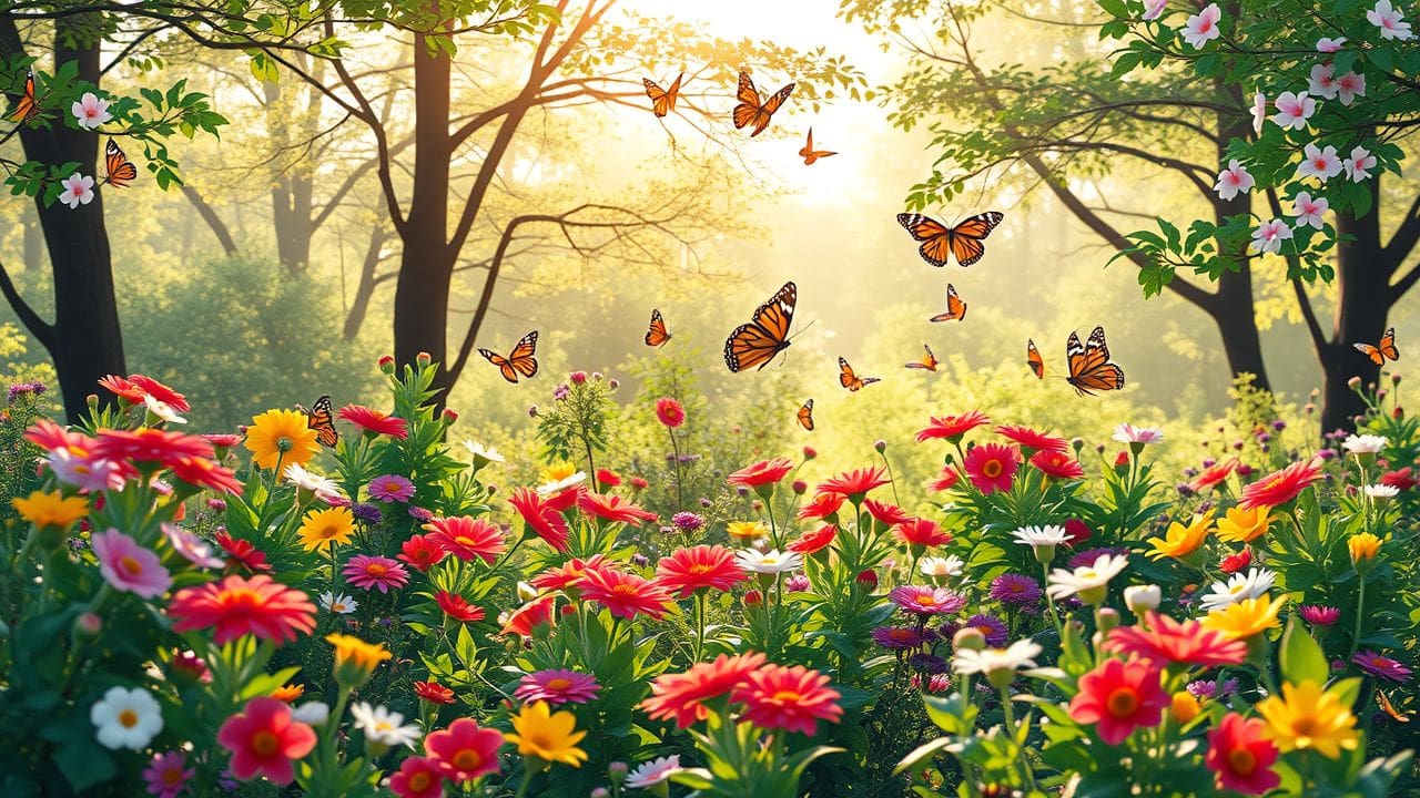 Een kleurrijke tuin met bloeiende bloemen en fladderende vlinders.