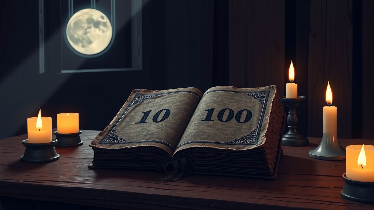 Een oude, versleten boek met het nummer 1010, omringd door kaarsen.