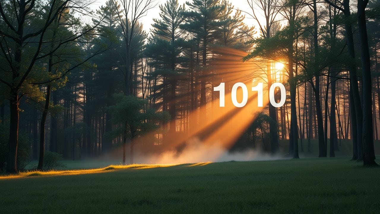 Een serene bosklaring bij schemering met het nummer '1010' op de achtergrond.