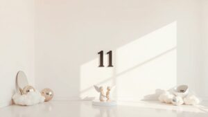 Een kamer met een hemels thema en subtiele verwijzingen naar het getal 11.