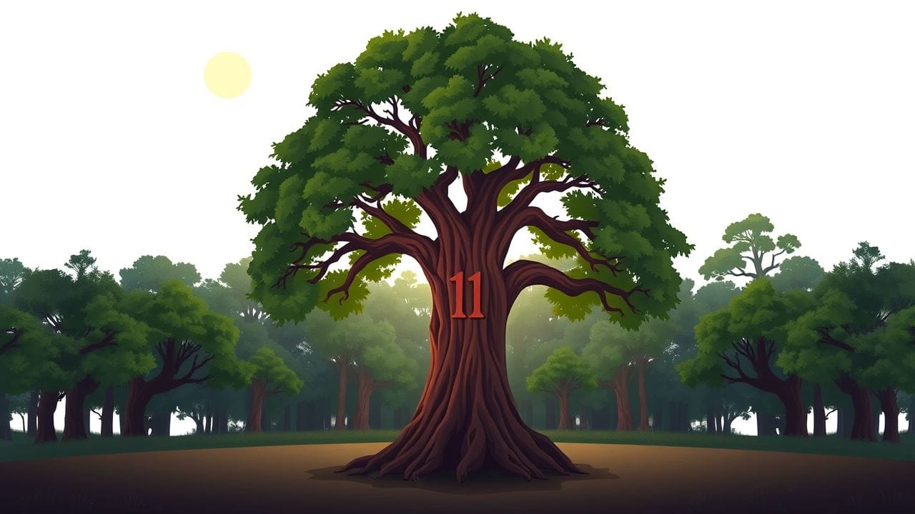 Een rustige bosopruiming met een eikenboom met het nummer '11' gesneden in zijn schors.
