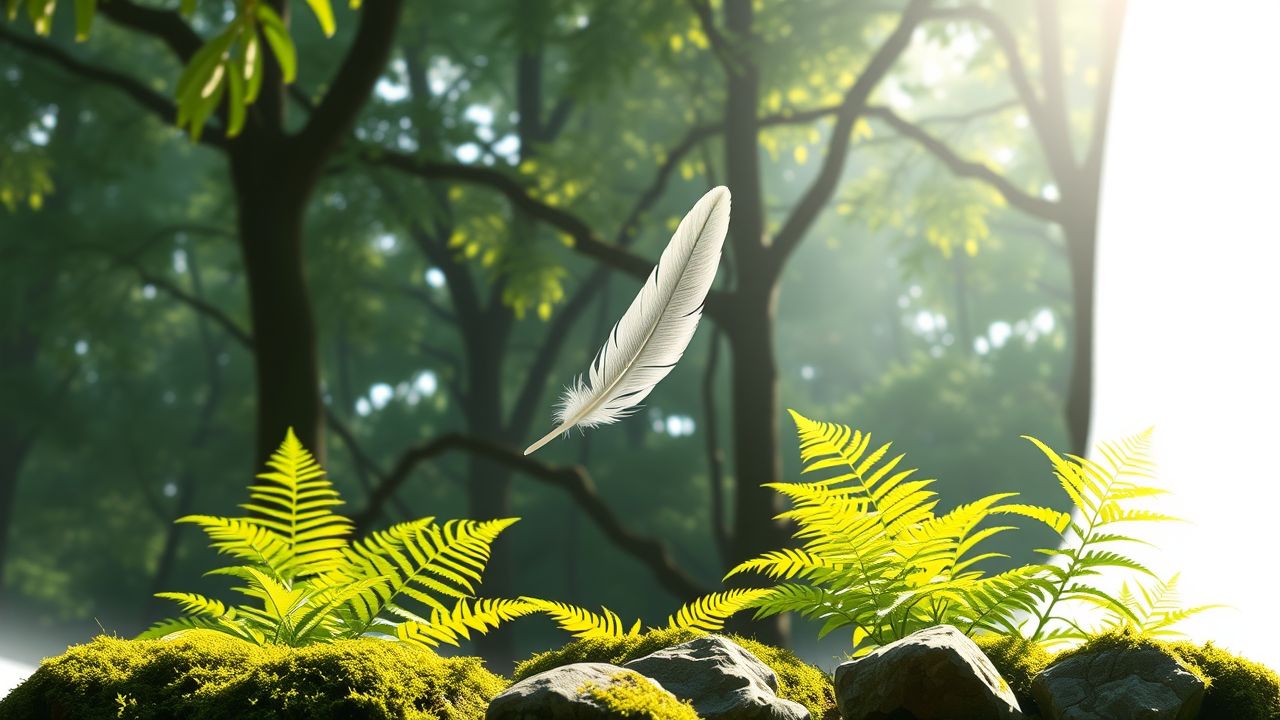 Een enkele witte veer zweeft boven groene varens in een bos. Een enkele witte veer zweeft boven groene varens in een bos.