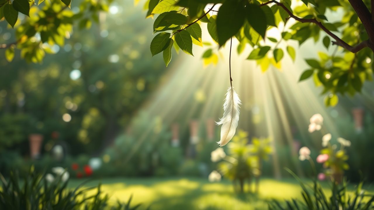 Een vredige tuinscène met een vallende veer, zacht licht en natuurlijke schoonheid.