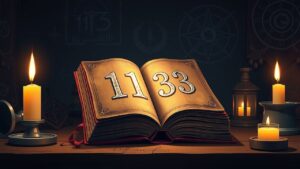 Een oude, versleten boek met het nummer '1133' op de omslag wordt verlicht door kaarslicht in een mystieke omgeving.