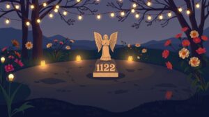 Een rustige tuin met een engelenstandbeeld en bloeiende bloemen.