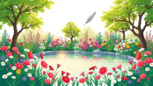Een vredige tuin met bloeiende bloemen, een rustige vijver en zwevende veer.