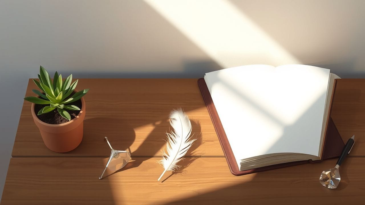 Een witte veer op een houten bureau met een dagboek.