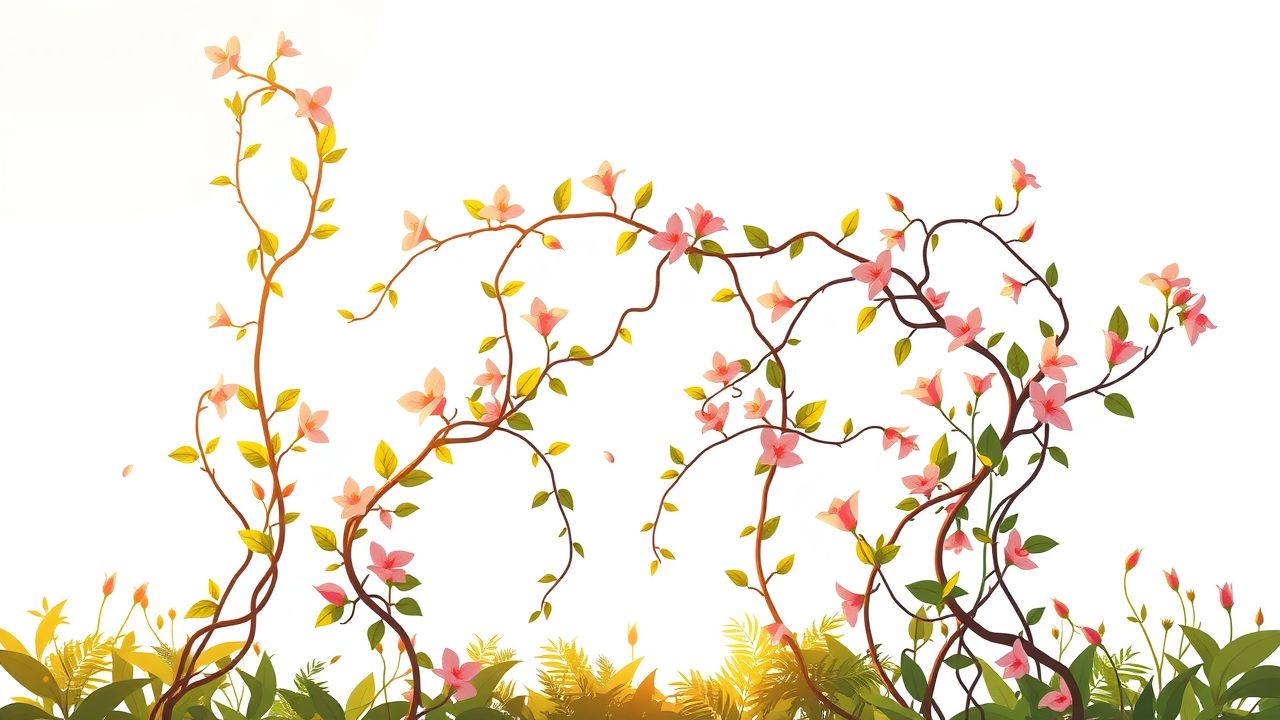 Een abstracte weergave van verstrengelde wijnstokken en bloeiende bloemen in een serene omgeving.