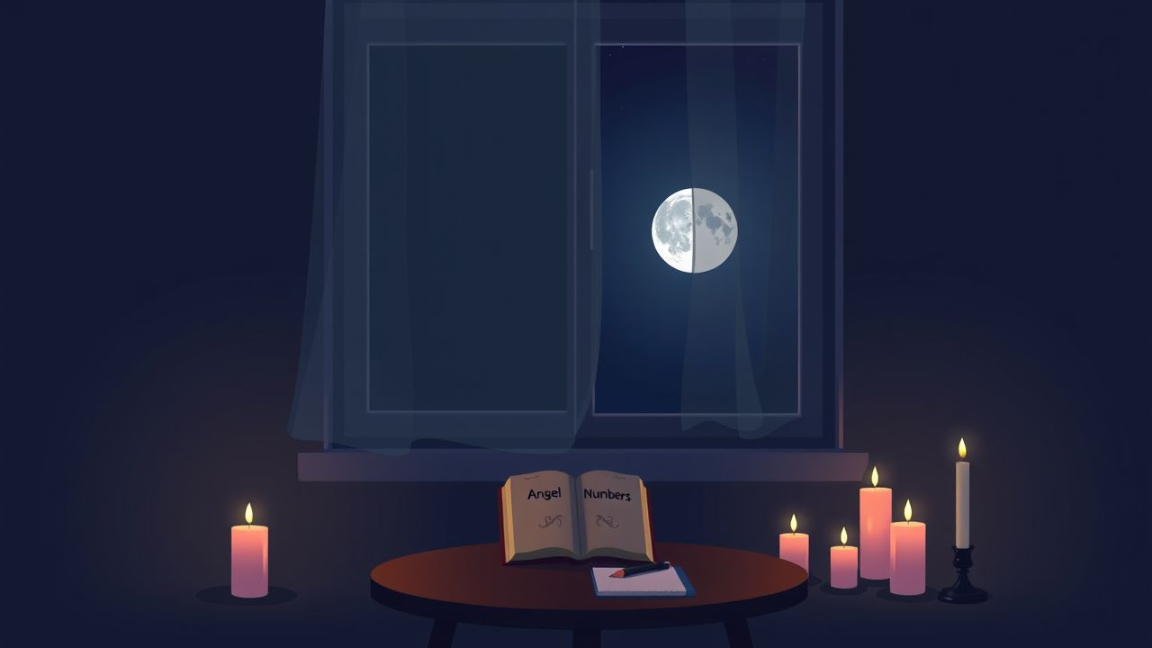 Een gezellige kamer met kaarsen, boek over engelnummers en maanlicht.