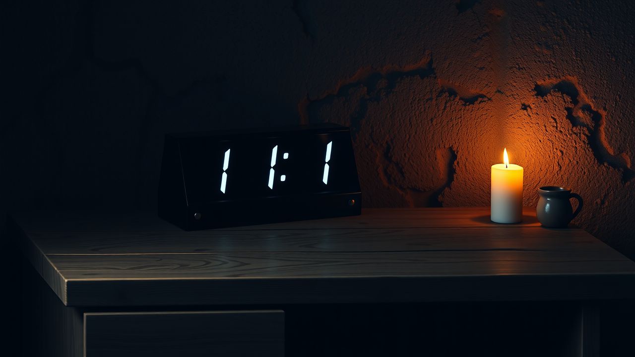 Een digitale klok toont 11:11 op een verweerd houten bureau in een gezellige kamer. Een digitale klok toont 11:11 op een verweerd houten bureau in een gezellige kamer.