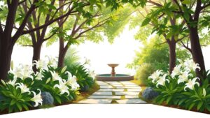 Een vredige tuin met een stenen pad en fontein.