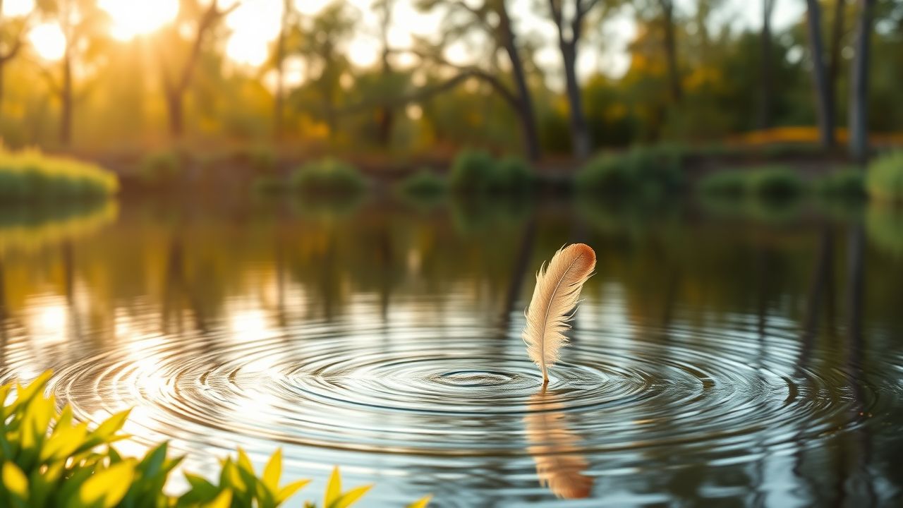 Een enkele veer zweeft op een rustige vijver bij zonsopgang.