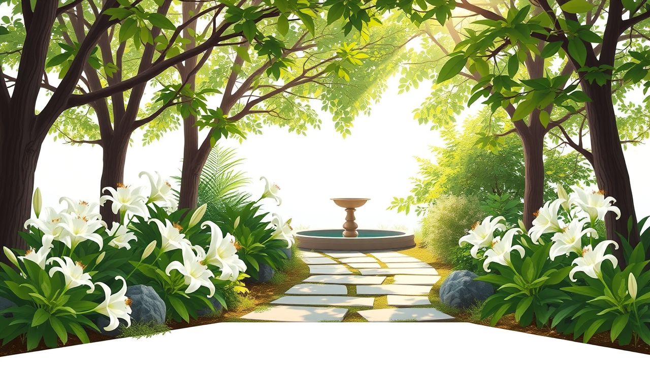 Een vredige tuin met een stenen pad en fontein.