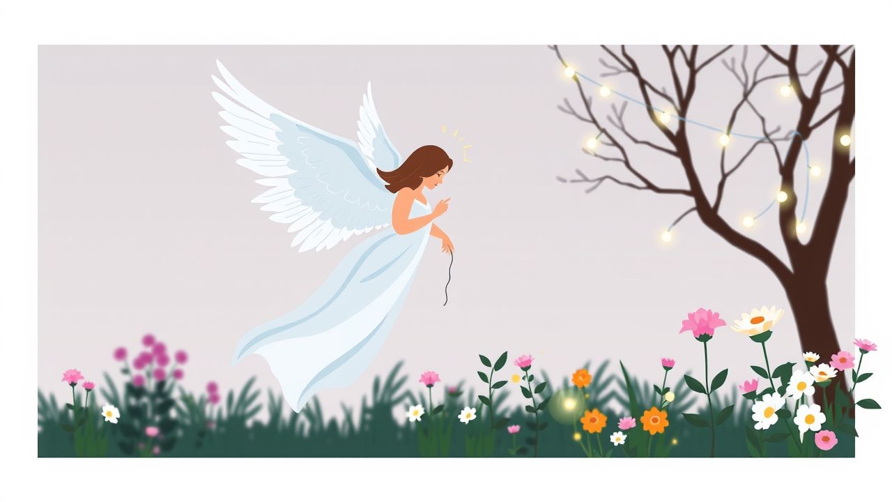 Een vredige engel zweeft in een bloementuin bij zonsondergang.