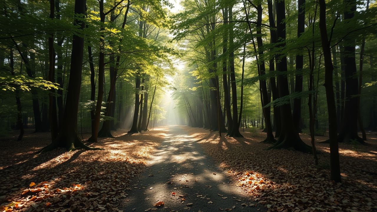 Een vredig bos met zonlicht door de bomen en een bladerrijk pad.